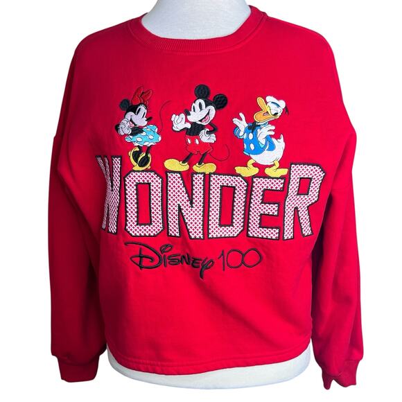 Disney 100 Anniversary “WONDER” Boxy Red Embroidered Sweatshirt Size M (7-9) EUC - Picture 7 of 7